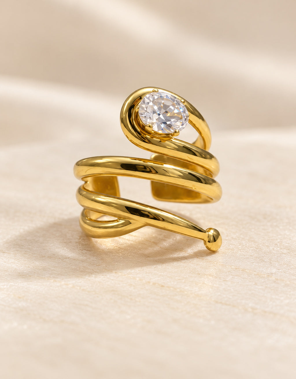 Orneza Gold-Tone Coiled Spiral Clear Stone Ring — angle view