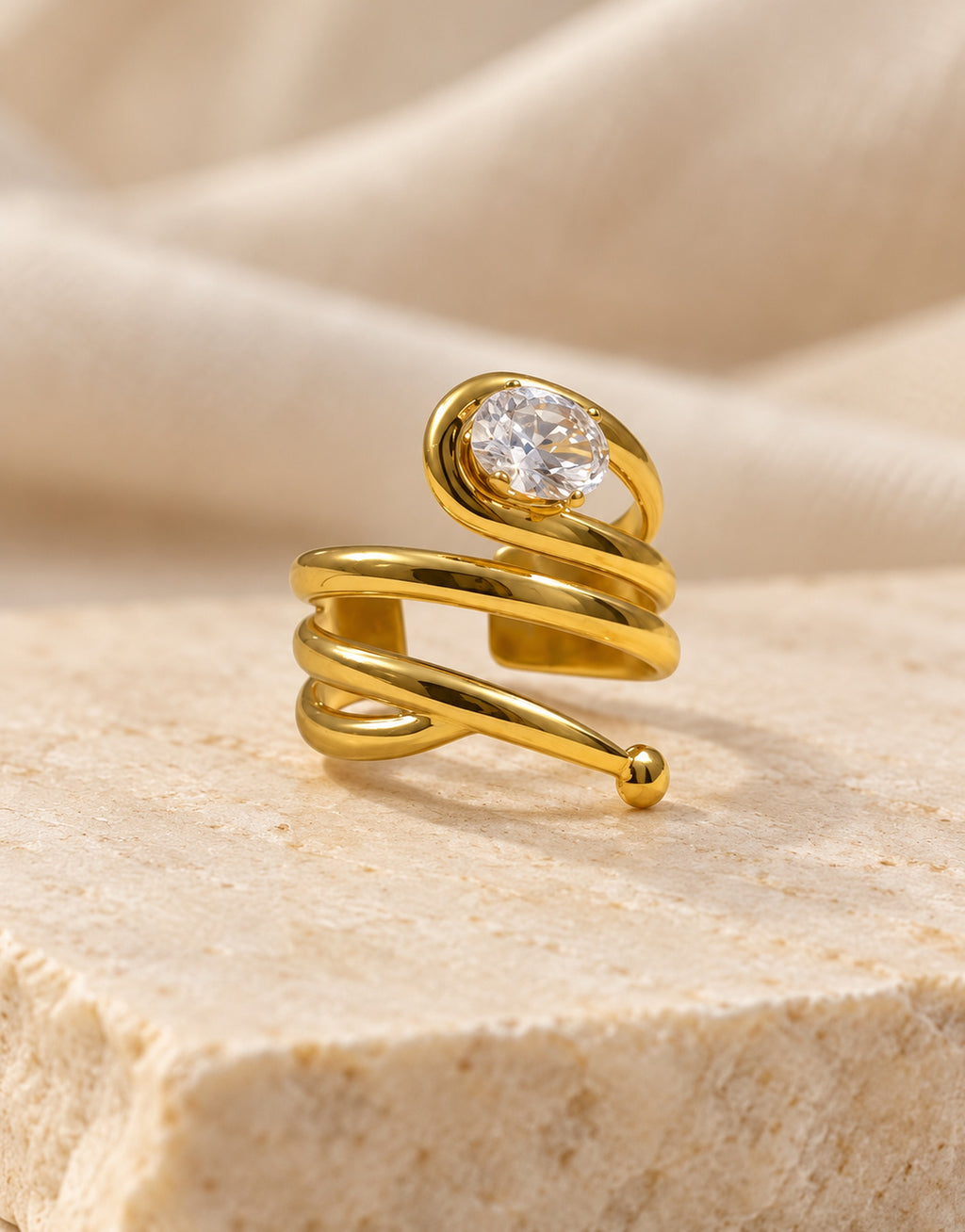 Orneza Gold-Tone Coiled Spiral Clear Stone Ring — styled view