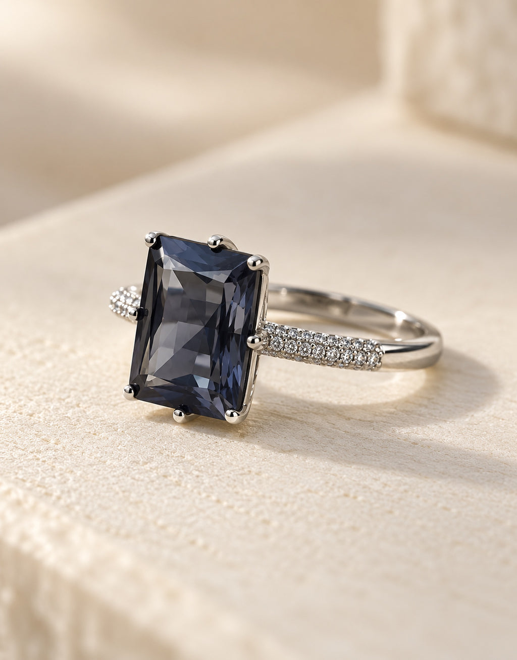 Orneza Silver-Tone Navy Rectangle Stone Ring — angle view