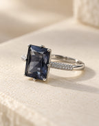 Orneza Silver-Tone Navy Rectangle Stone Ring — angle view