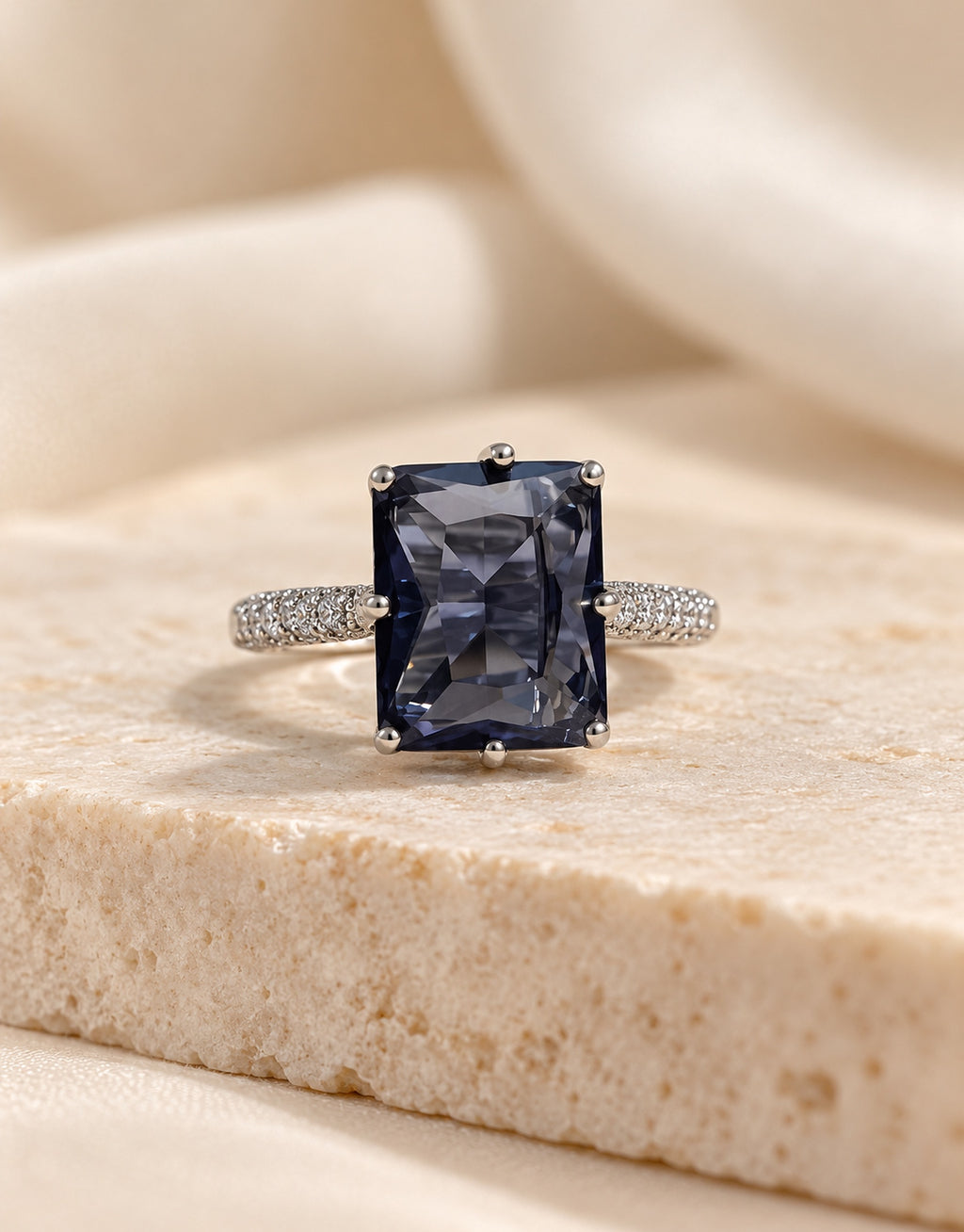 Orneza Silver-Tone Navy Rectangle Stone Ring — styled view