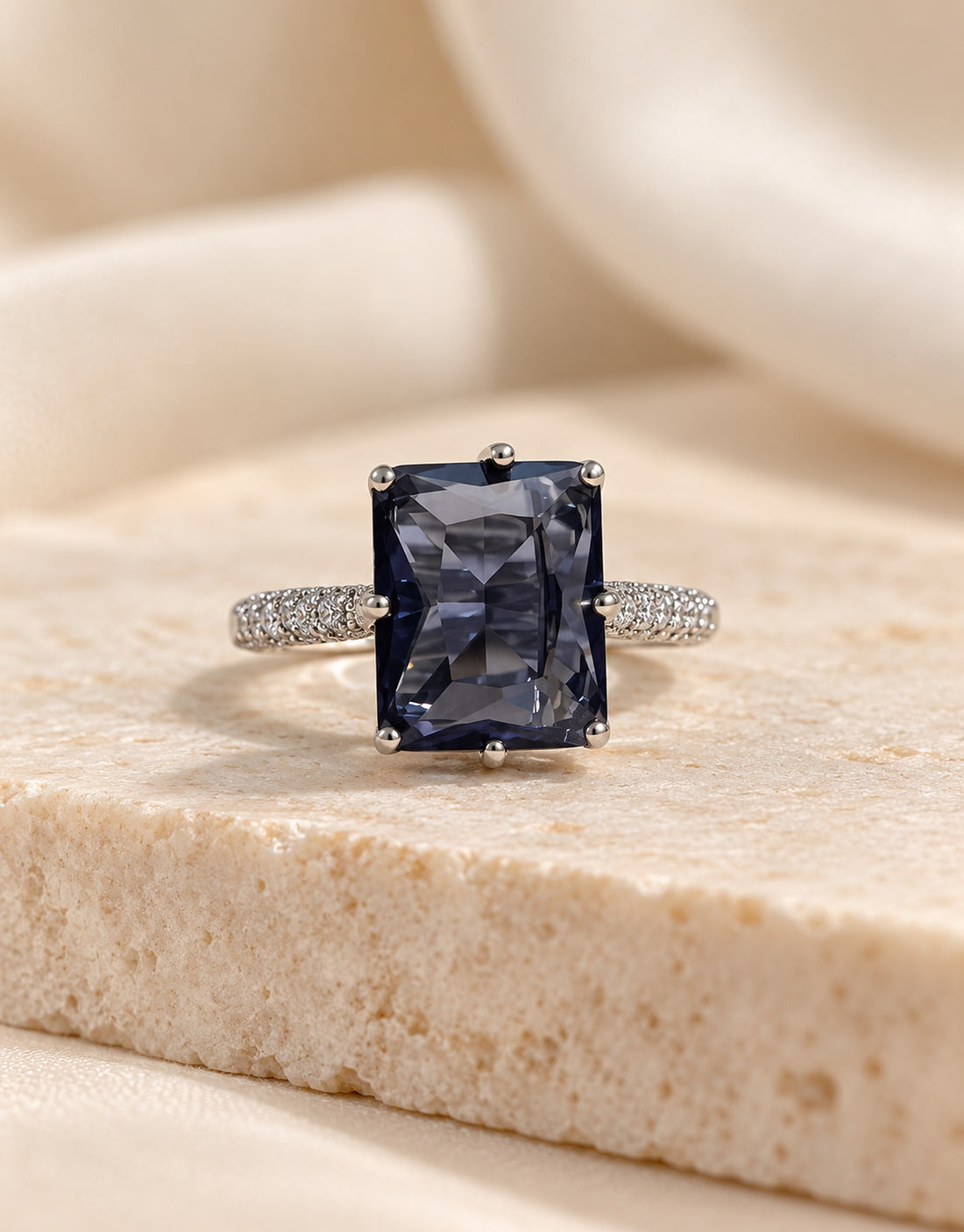 Orneza Silver-Tone Navy Rectangle Stone Ring — styled view