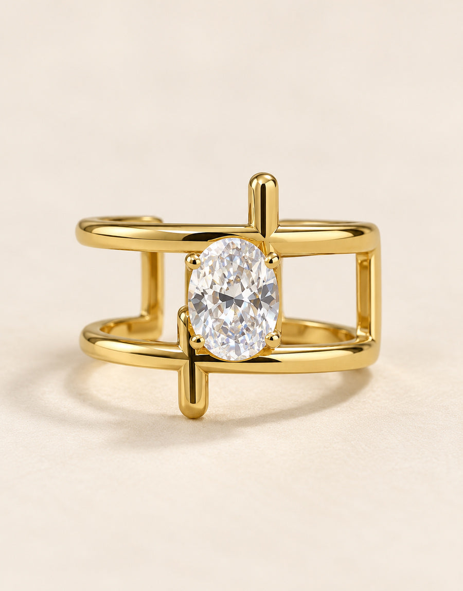 Orneza Gold-Tone Open Cage Oval Stone Ring — front view