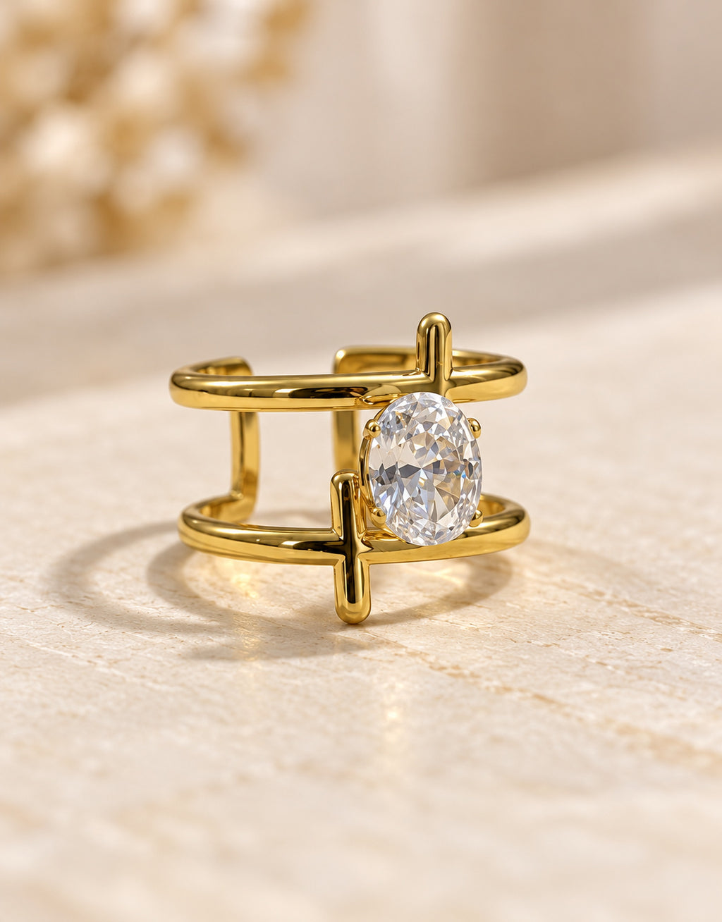 Orneza Gold-Tone Open Cage Oval Stone Ring — detail view