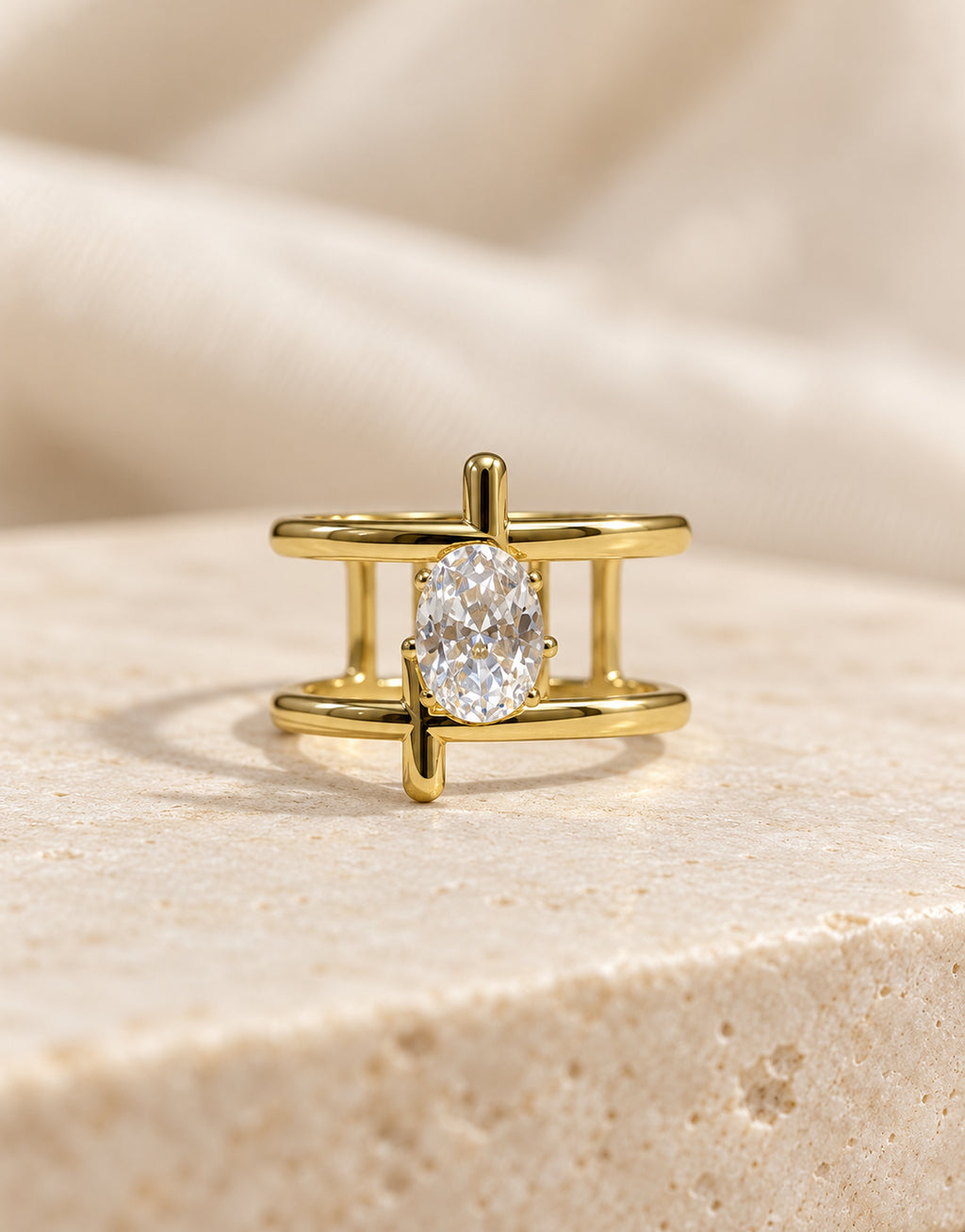 Orneza Gold-Tone Open Cage Oval Stone Ring — styled view