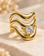Orneza Gold-Tone Wavy Stacked Clear Stone Ring — detail view