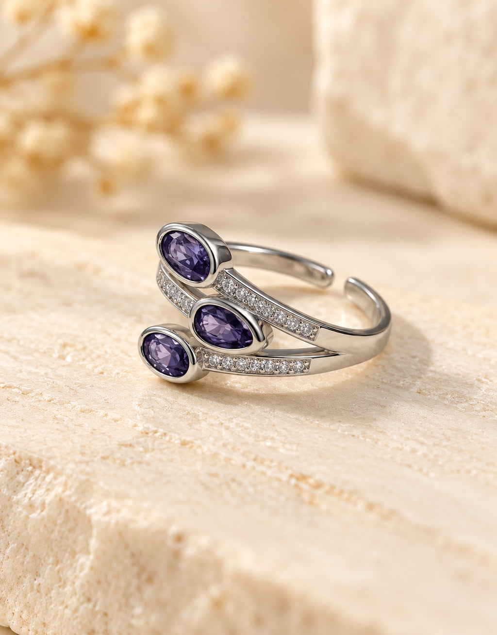 Orneza Silver-Tone Three Purple Stone Wrap Ring — angle view