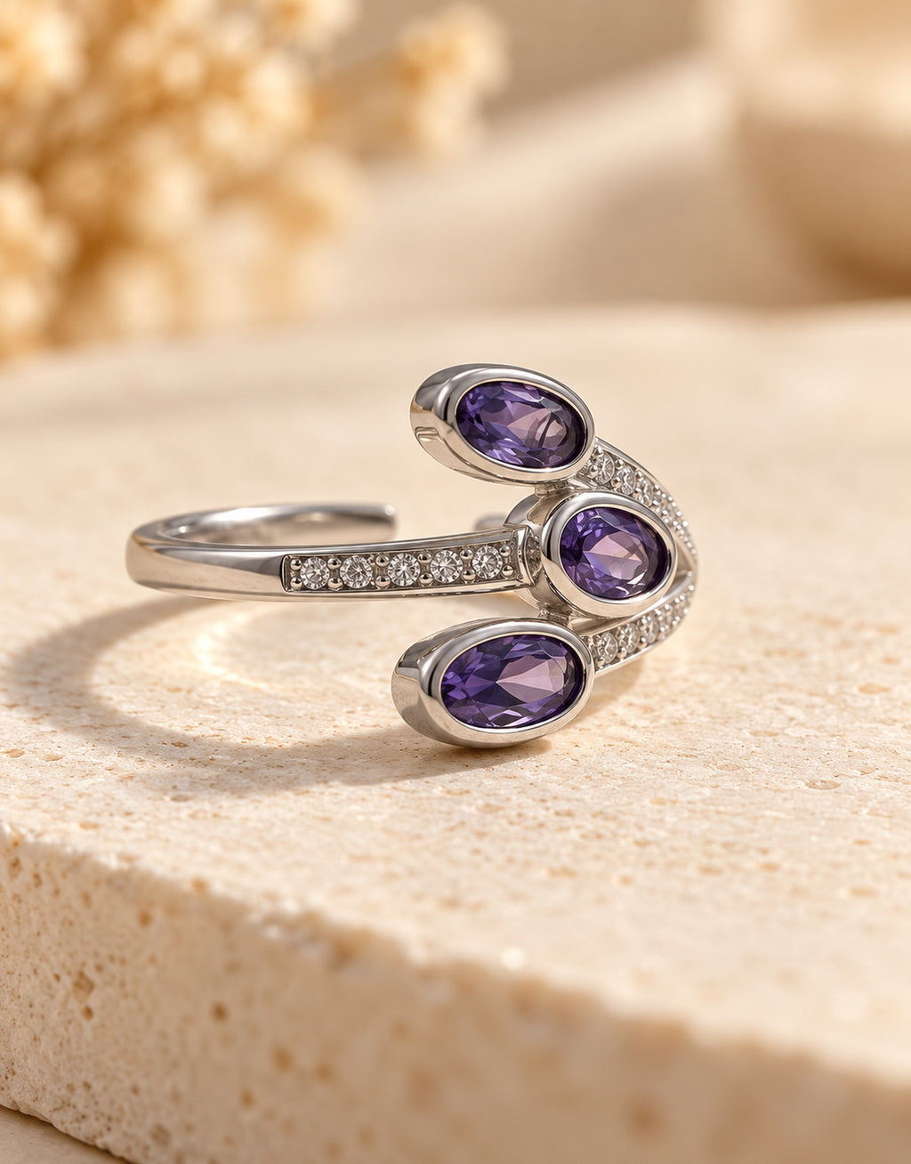 Orneza Silver-Tone Three Purple Stone Wrap Ring — detail view
