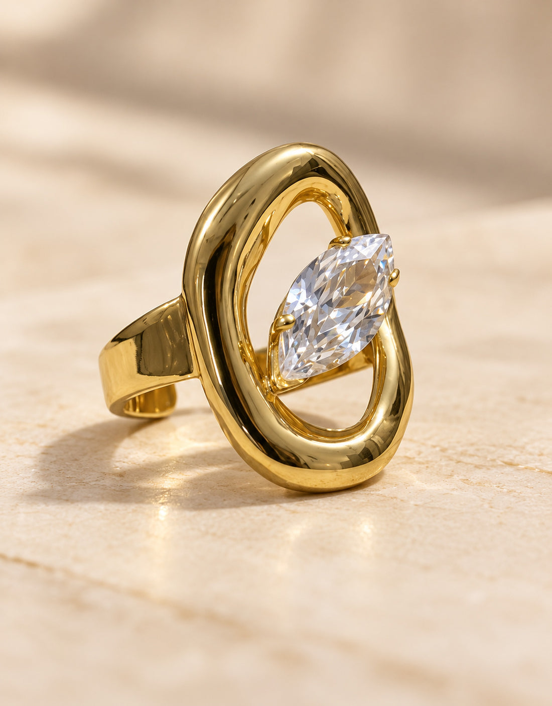 Orneza Gold-Tone Oval Frame Clear Stone Ring — angle view