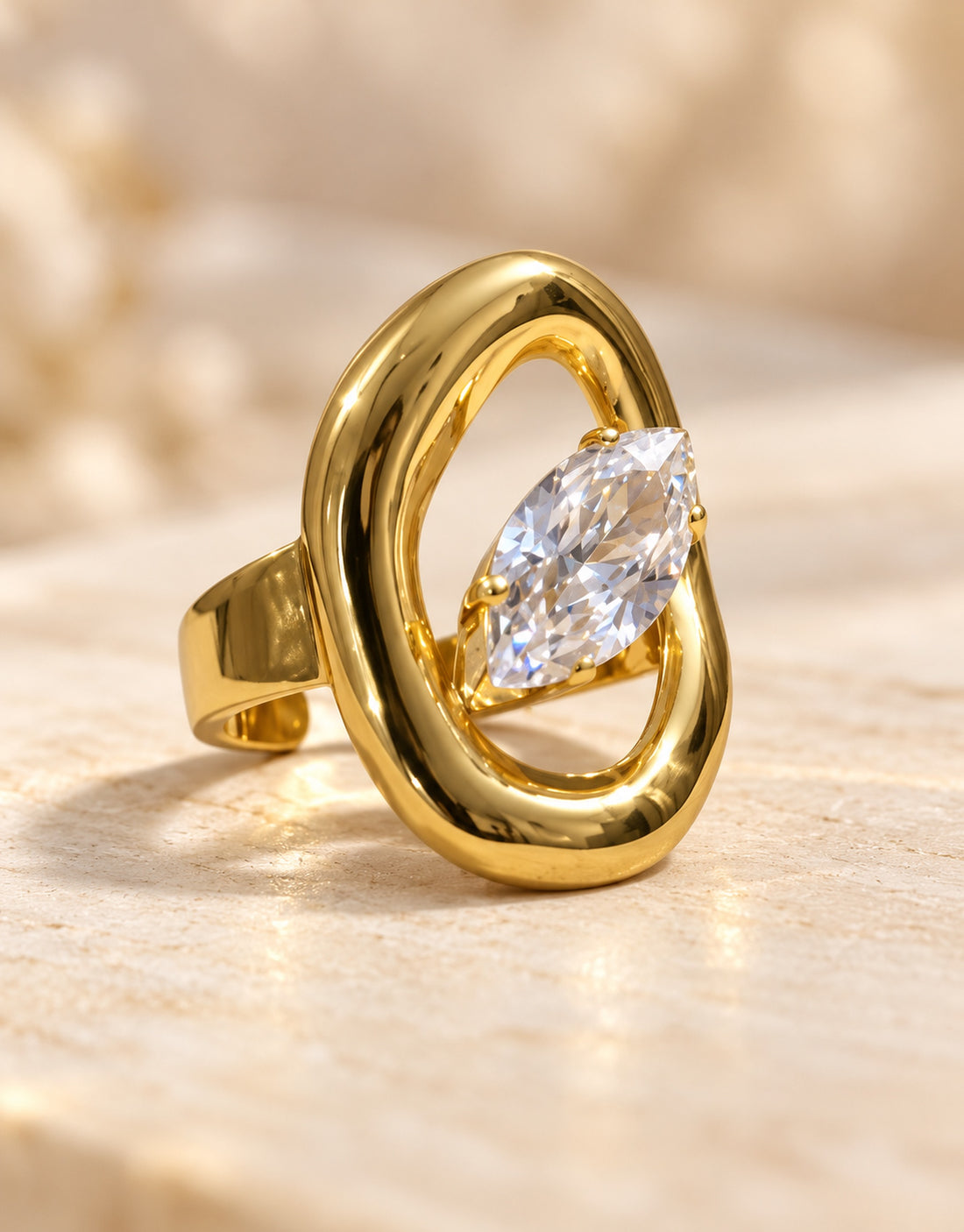 Orneza Gold-Tone Oval Frame Clear Stone Ring — detail view
