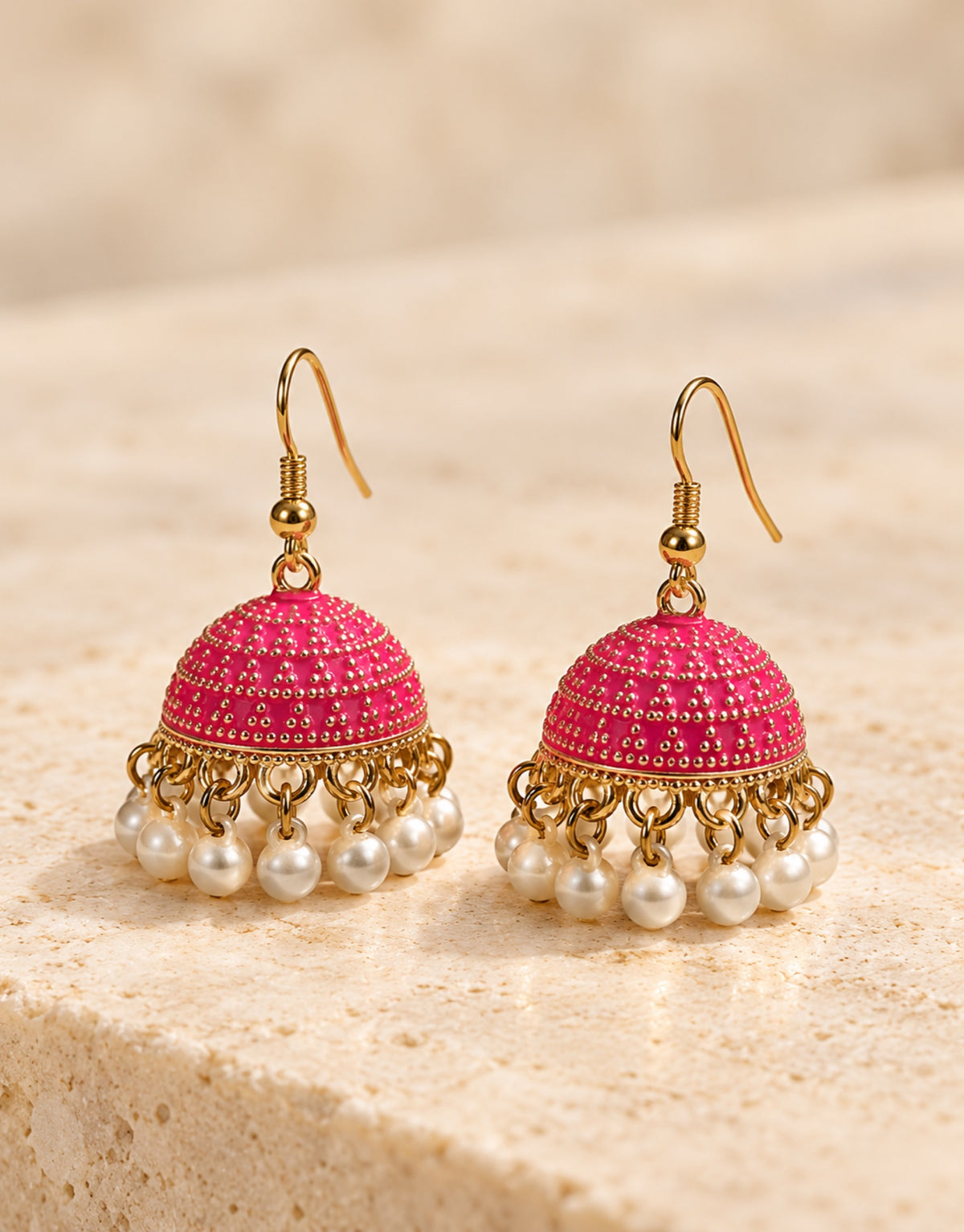 Orneza Fuchsia Dotted Enamel Jhumka Earrings with Pearls — front view