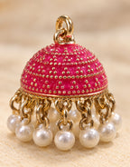 Orneza Fuchsia Dotted Enamel Jhumka Earrings with Pearls — close-up detail
