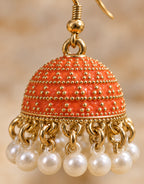 Orneza Orange Dotted Enamel Jhumka Earrings with Pearls — close-up detail
