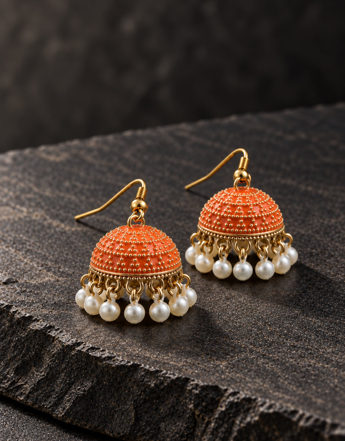 Orneza Orange Dotted Enamel Jhumka Earrings with Pearls — styled view