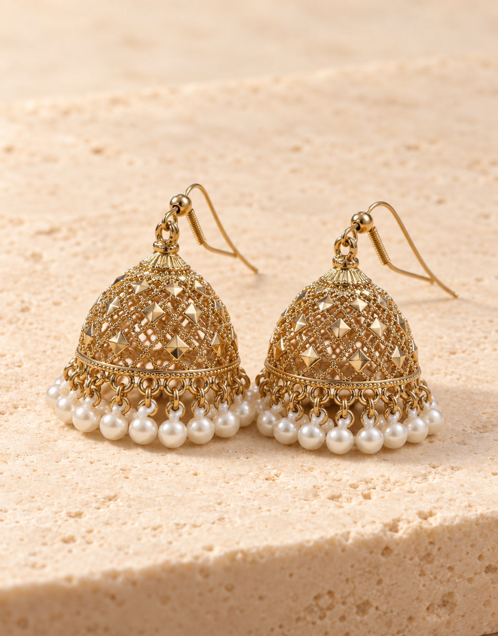Orneza Gold-Tone Lattice Dome Jhumka Earrings with Pearls — front view
