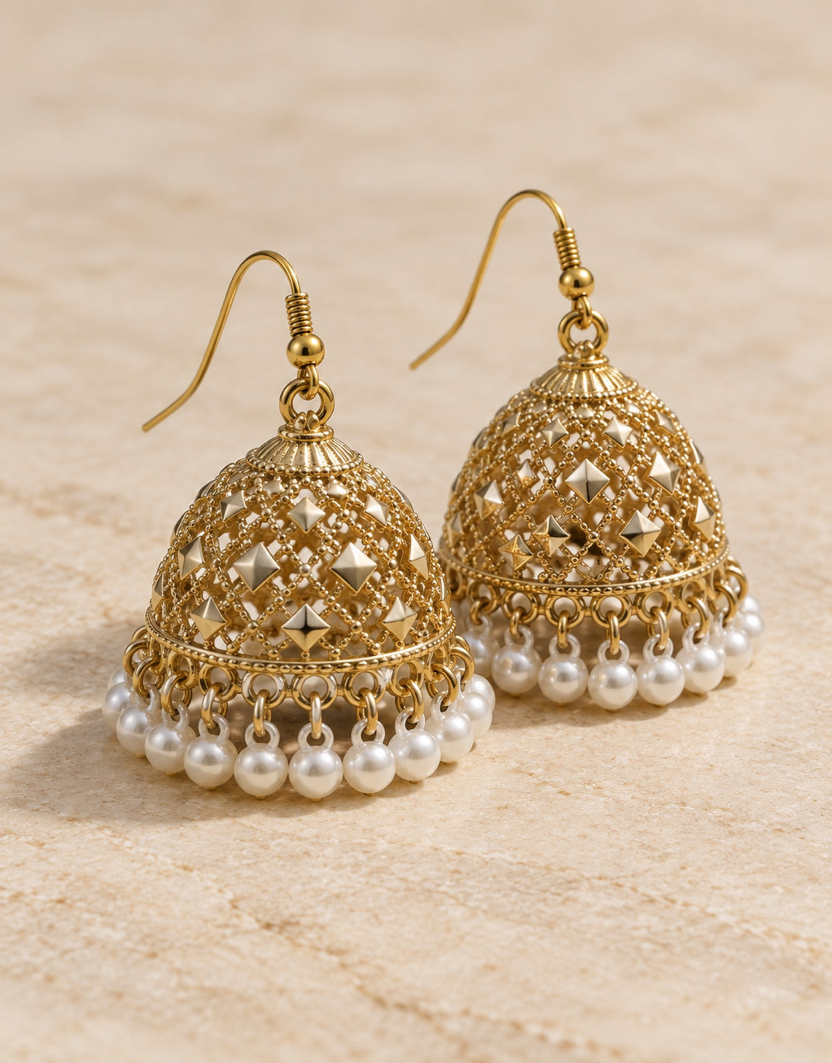 Orneza Gold-Tone Lattice Dome Jhumka Earrings with Pearls — angle view