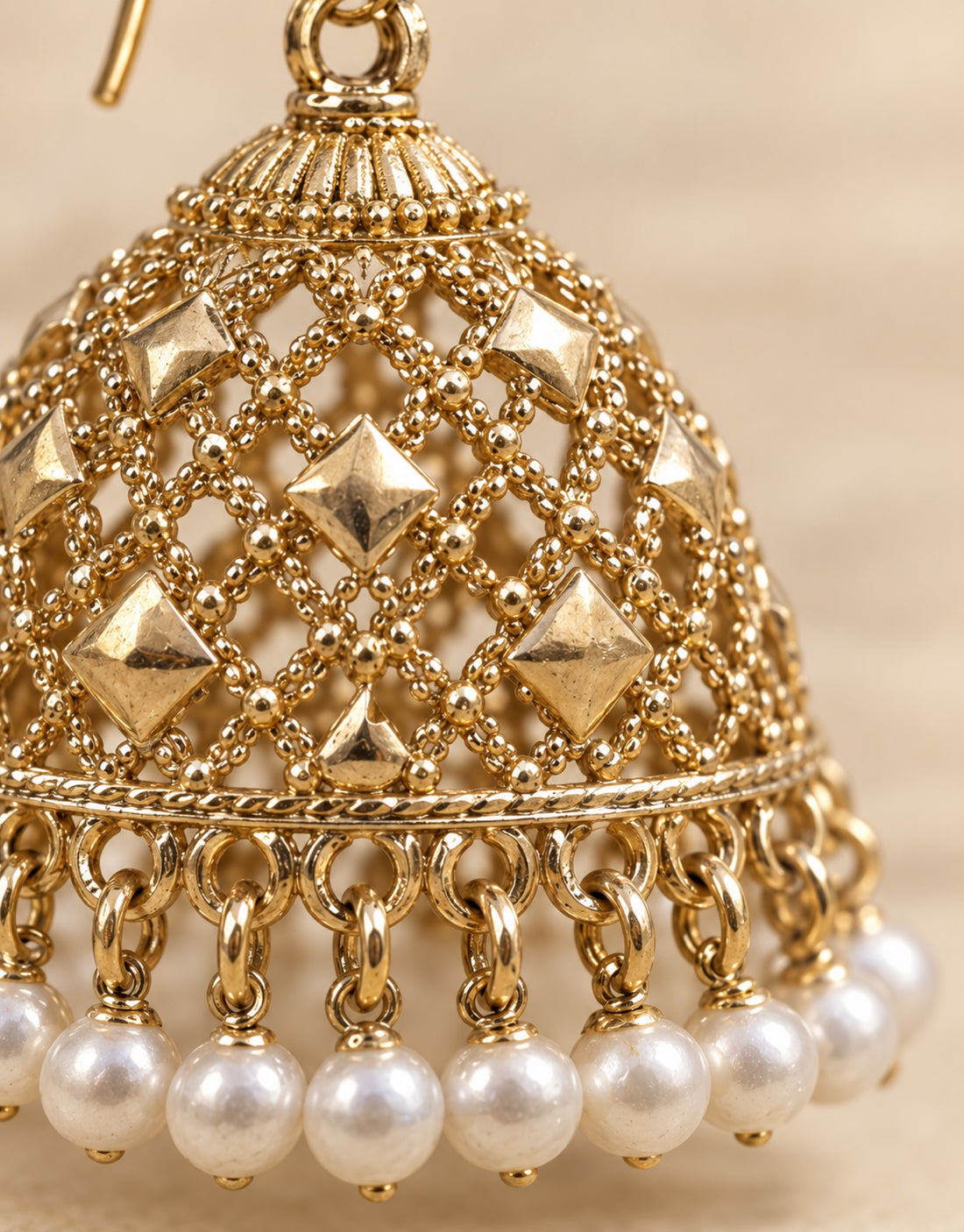 Orneza Gold-Tone Lattice Dome Jhumka Earrings with Pearls — close-up detail