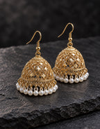 Orneza Gold-Tone Lattice Dome Jhumka Earrings with Pearls — styled view
