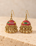 Orneza Gold-Tone Pink and Green Painted Jhumka Earrings — front view