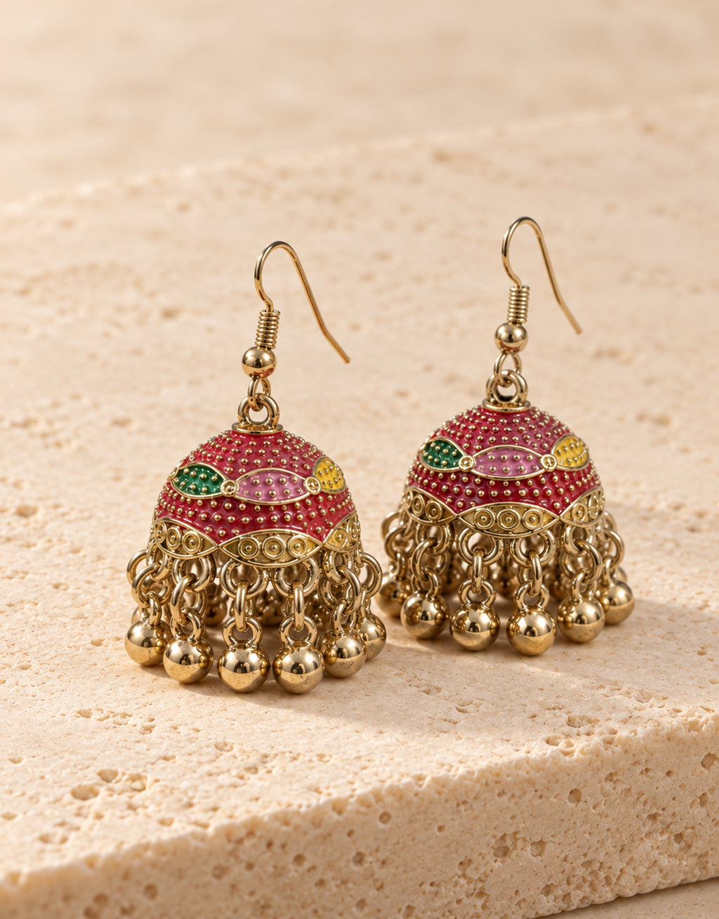 Orneza Gold-Tone Pink and Green Painted Jhumka Earrings — angle view