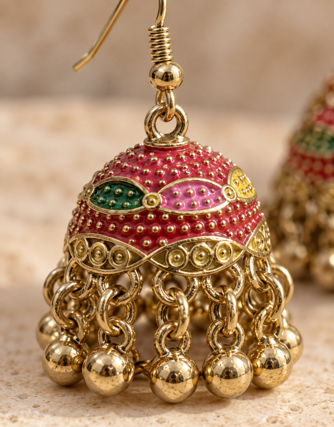 Orneza Gold-Tone Pink and Green Painted Jhumka Earrings — close-up detail