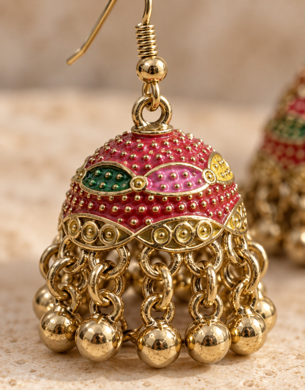 Orneza Gold-Tone Pink and Green Painted Jhumka Earrings — close-up detail