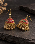 Orneza Gold-Tone Pink and Green Painted Jhumka Earrings — styled view