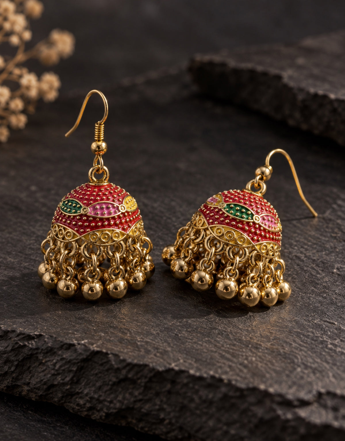 Orneza Gold-Tone Pink and Green Painted Jhumka Earrings — styled view