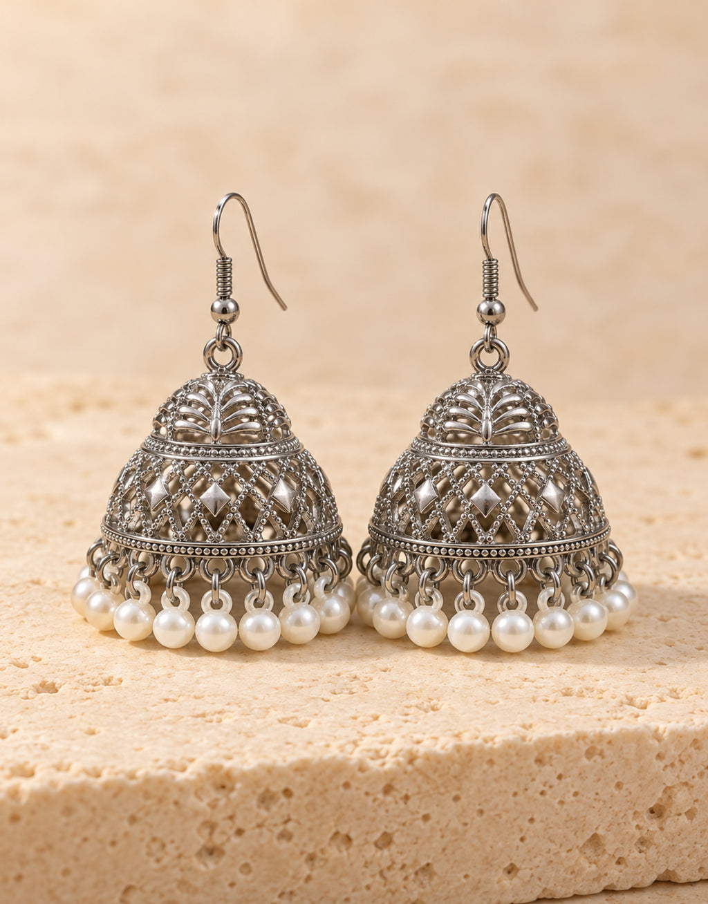 Orneza Silver-Tone Diamond Lattice Jhumka Earrings with Pearls — front view