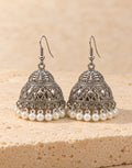 Orneza Silver-Tone Diamond Lattice Jhumka Earrings with Pearls — front view