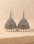 Orneza Silver-Tone Diamond Lattice Jhumka Earrings with Pearls — front view