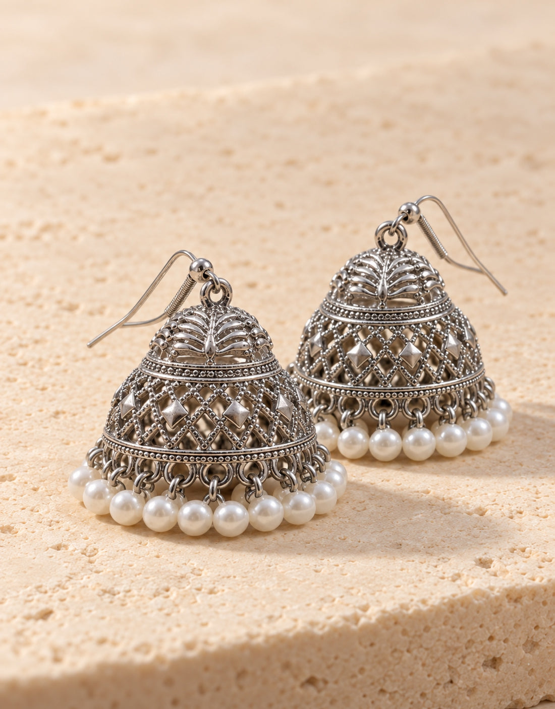 Orneza Silver-Tone Diamond Lattice Jhumka Earrings with Pearls — angle view