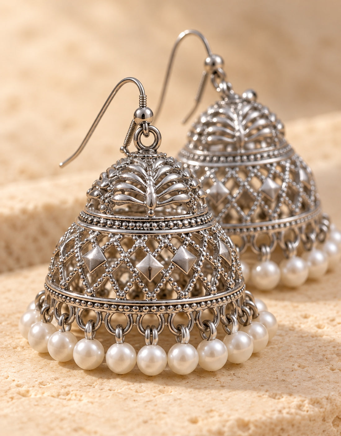 Orneza Silver-Tone Diamond Lattice Jhumka Earrings with Pearls — close-up detail