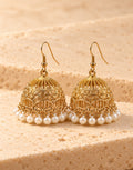 Orneza Gold-Tone Filigree Floral Jhumka Earrings with Pearls — front view