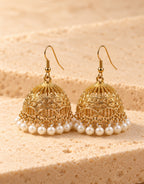 Orneza Gold-Tone Filigree Floral Jhumka Earrings with Pearls — front view