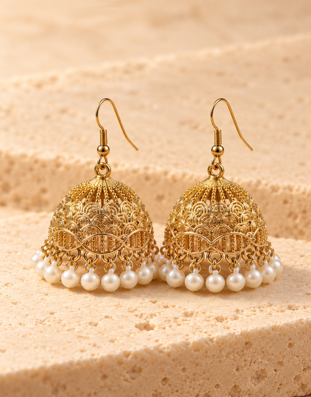 Orneza Gold-Tone Filigree Floral Jhumka Earrings with Pearls — front view