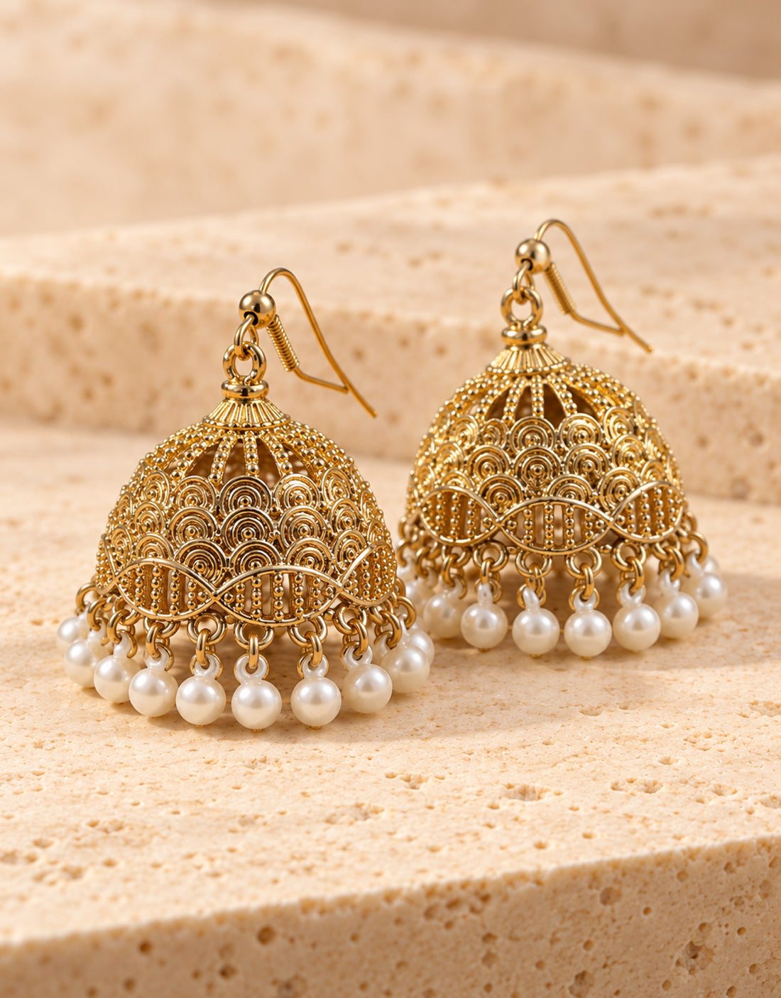 Orneza Gold-Tone Filigree Floral Jhumka Earrings with Pearls — angle view