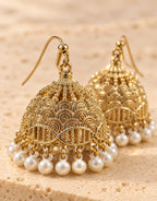 Orneza Gold-Tone Filigree Floral Jhumka Earrings with Pearls — close-up detail