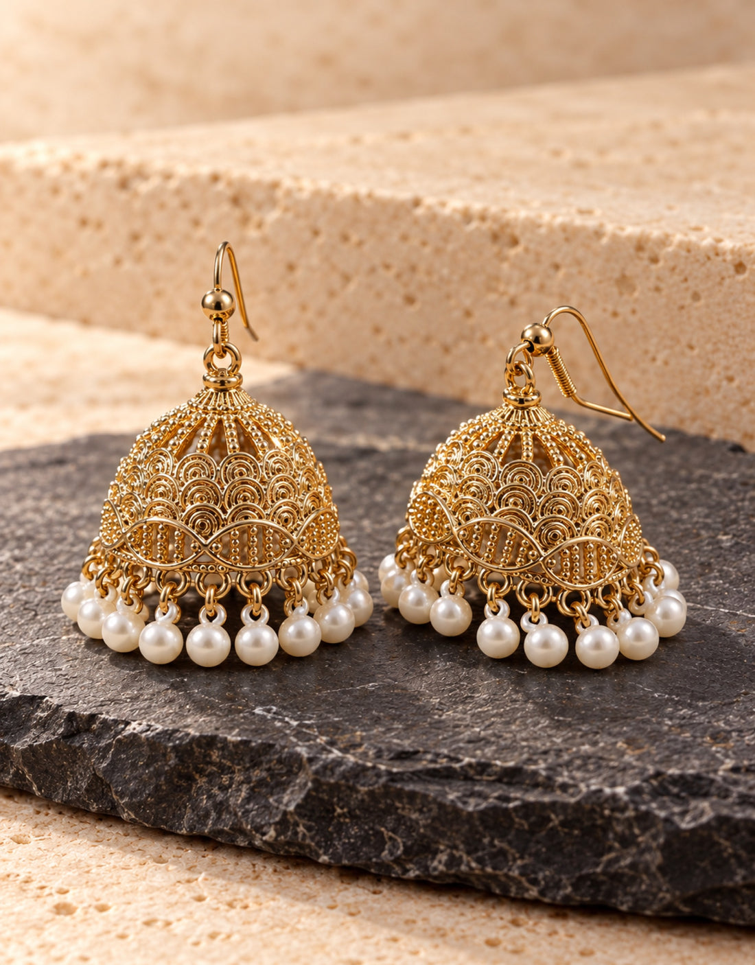 Orneza Gold-Tone Filigree Floral Jhumka Earrings with Pearls — styled view
