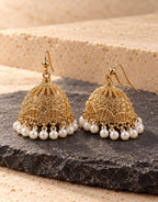 Orneza Gold-Tone Filigree Floral Jhumka Earrings with Pearls — styled view