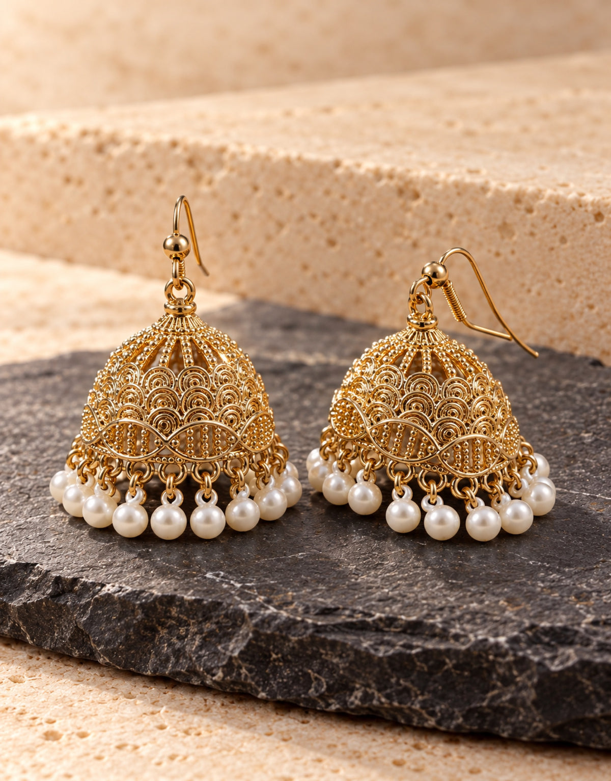 Orneza Gold-Tone Filigree Floral Jhumka Earrings with Pearls — styled view