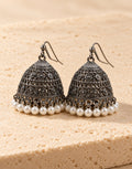 Orneza Oxidised Filigree Jhumka Earrings with Pearls — front view