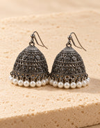 Orneza Oxidised Filigree Jhumka Earrings with Pearls — front view