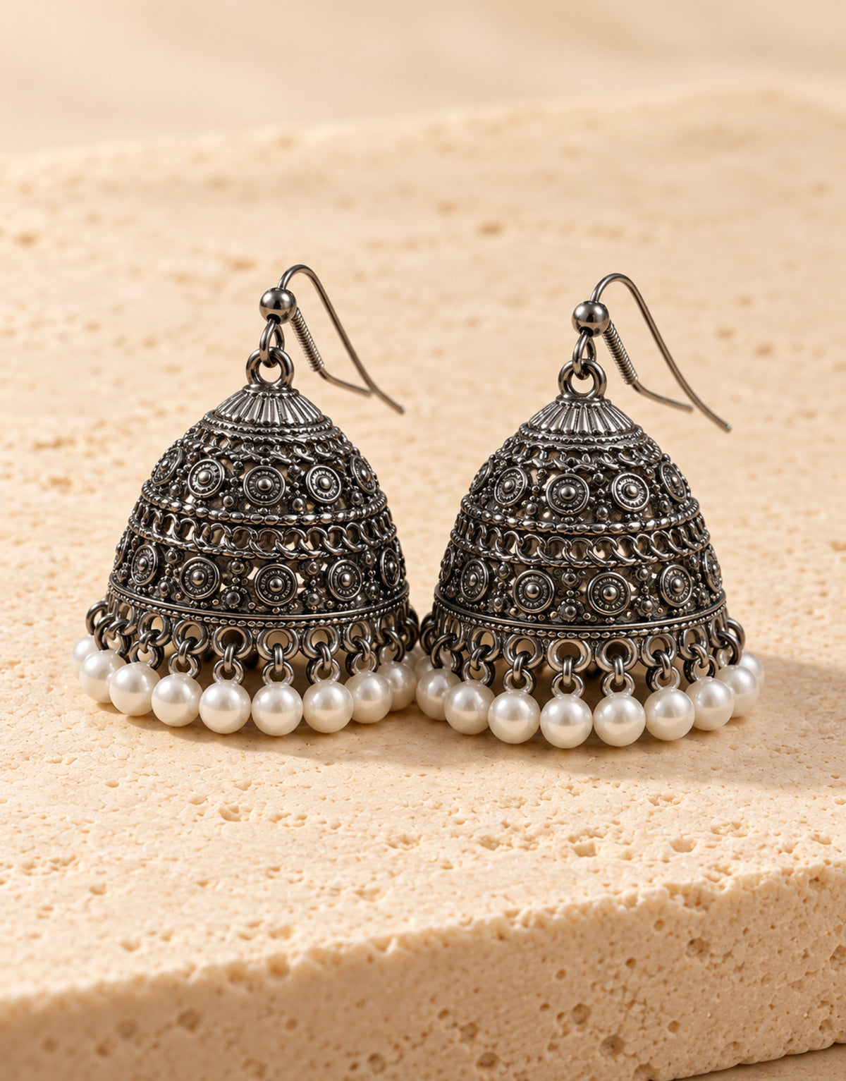 Orneza Oxidised Filigree Jhumka Earrings with Pearls — front view