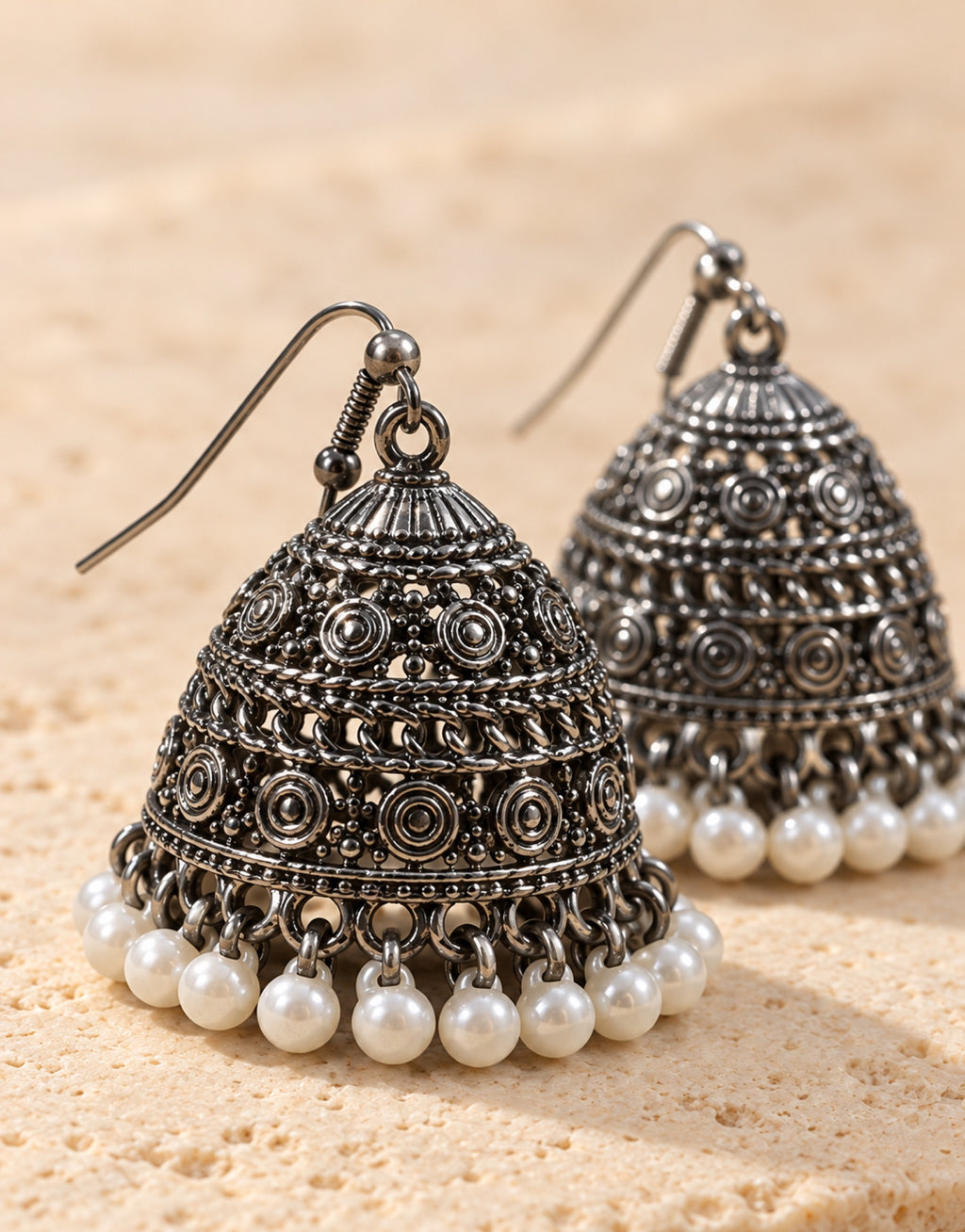 Orneza Oxidised Filigree Jhumka Earrings with Pearls — close-up detail