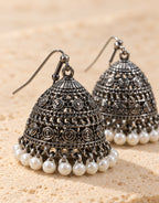 Orneza Oxidised Filigree Jhumka Earrings with Pearls — close-up detail