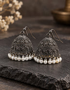 Orneza Oxidised Filigree Jhumka Earrings with Pearls — styled view