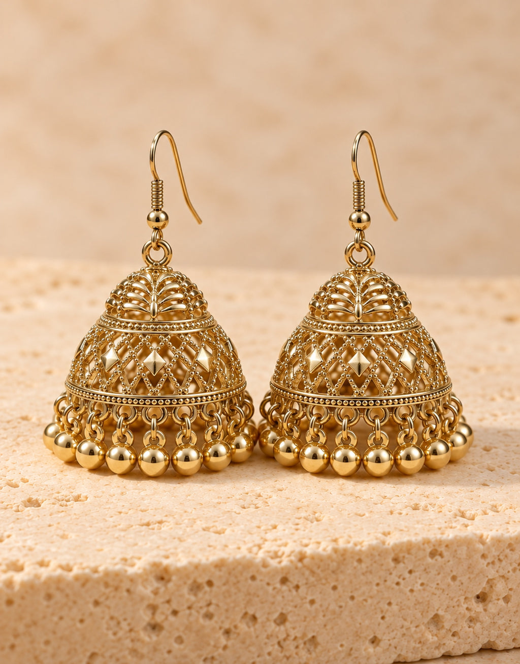 Orneza Gold-Tone Diamond Lattice Jhumka Earrings with Gold Beads — front view