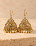 Orneza Gold-Tone Diamond Lattice Jhumka Earrings with Gold Beads — front view