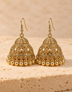 Orneza Gold-Tone Diamond Lattice Jhumka Earrings with Gold Beads — front view